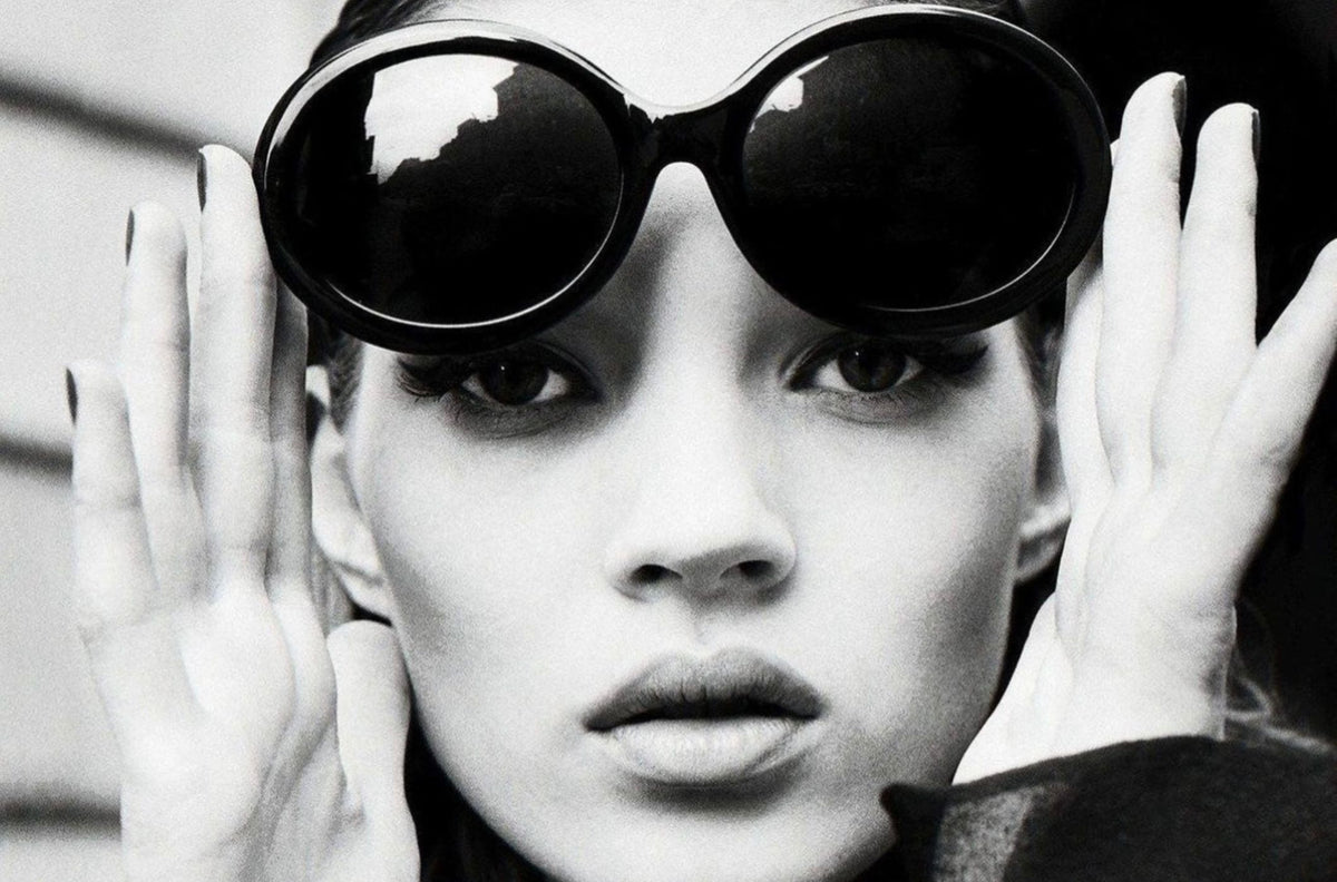 Kate Moss wearing Christian Roth 6008 Sunglasses featured in Harper's Bazaar Uomo 1992 Magazine