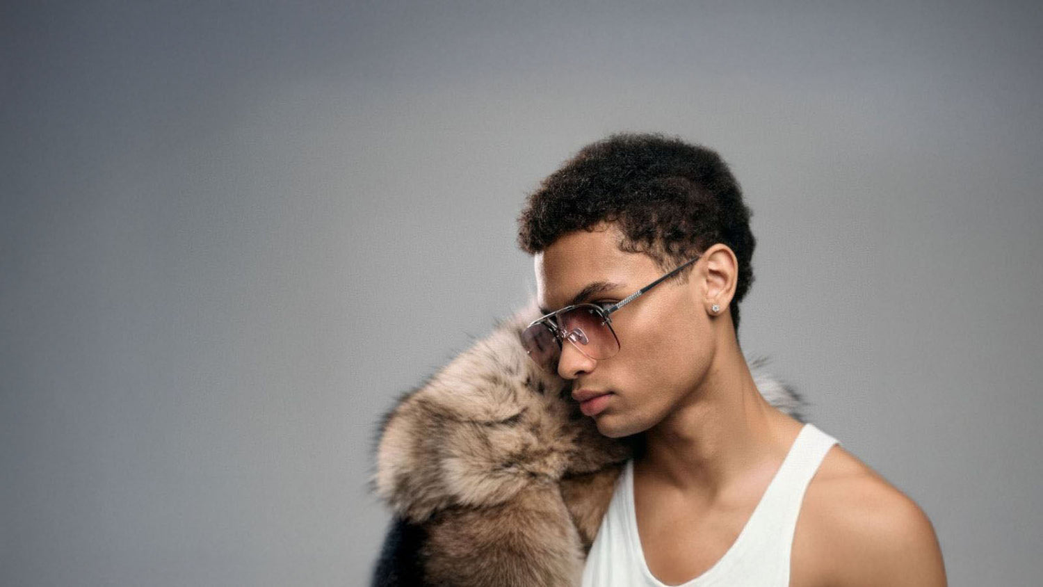 Male Model Wearing Vintage Frames Falcon White Gold Sunglasses