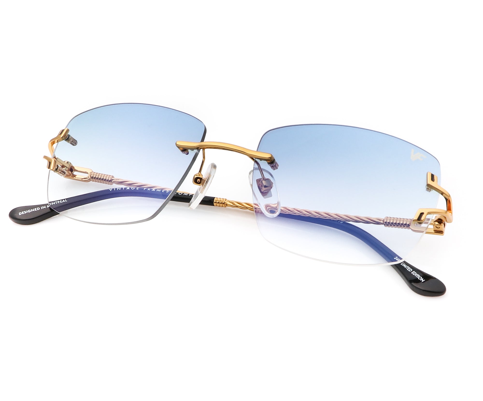 Gold & light blue frame. Light blue lenses.  Chanel eyewear, Vintage  glasses, Blue lenses
